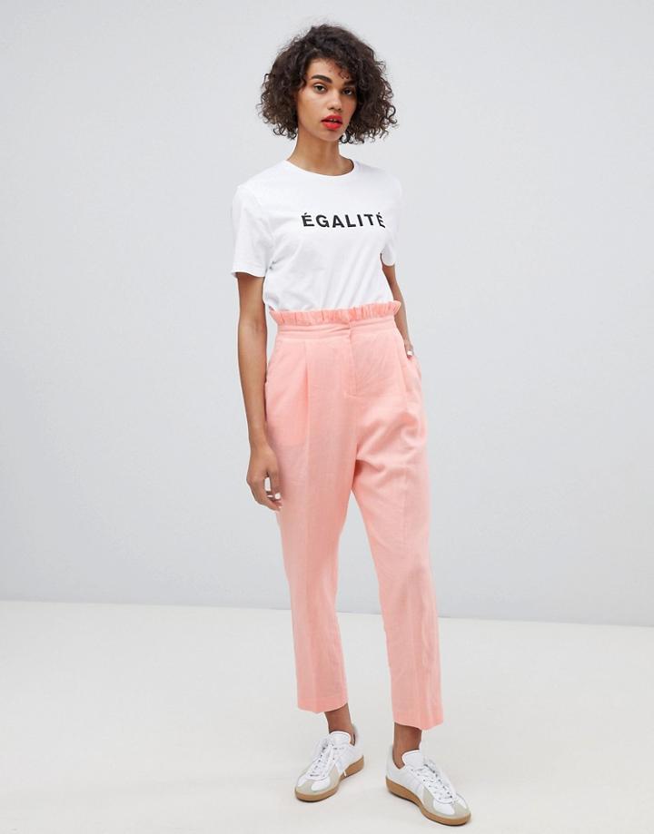 Asos Design Tailored Casual Linen Pants With Frill Waist - Pink
