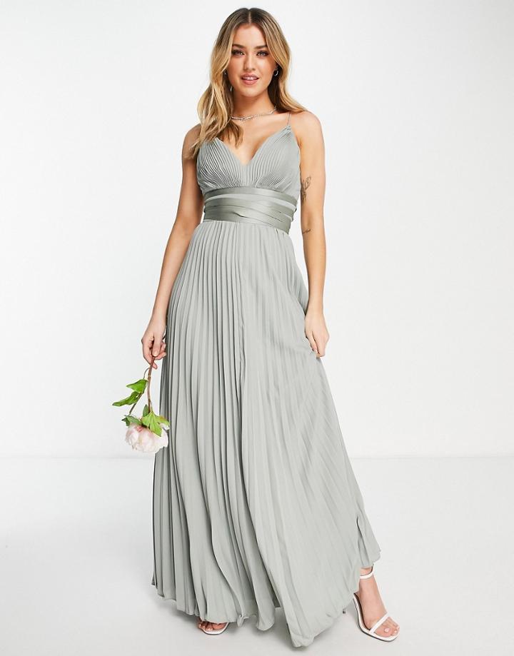 Asos Design Bridesmaids Strappy Pleated Maxi Dress With Satin Wrap Waist In Olive-green