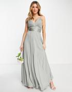 Asos Design Bridesmaids Strappy Pleated Maxi Dress With Satin Wrap Waist In Olive-green