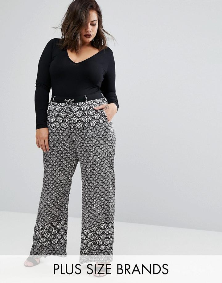 Elvi Plus Wide Leg Pants In Mono Print - Black