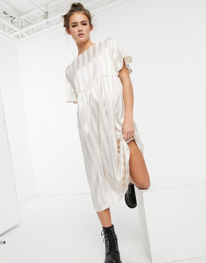 Lola May Long Smock Dress In Cream Satin Stripe-white