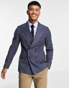 Gianni Feraud Straight Fit Double Breasted Navy Pinstripe Suit Jacket-blue