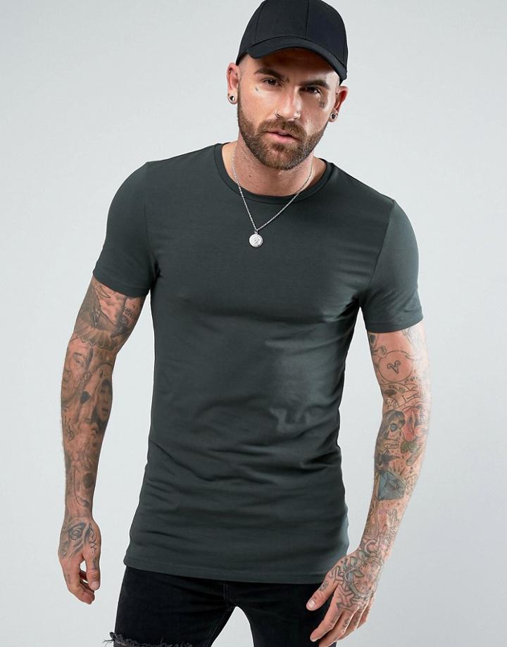 Asos Longline Muscle Fit T-shirt In Green - Green