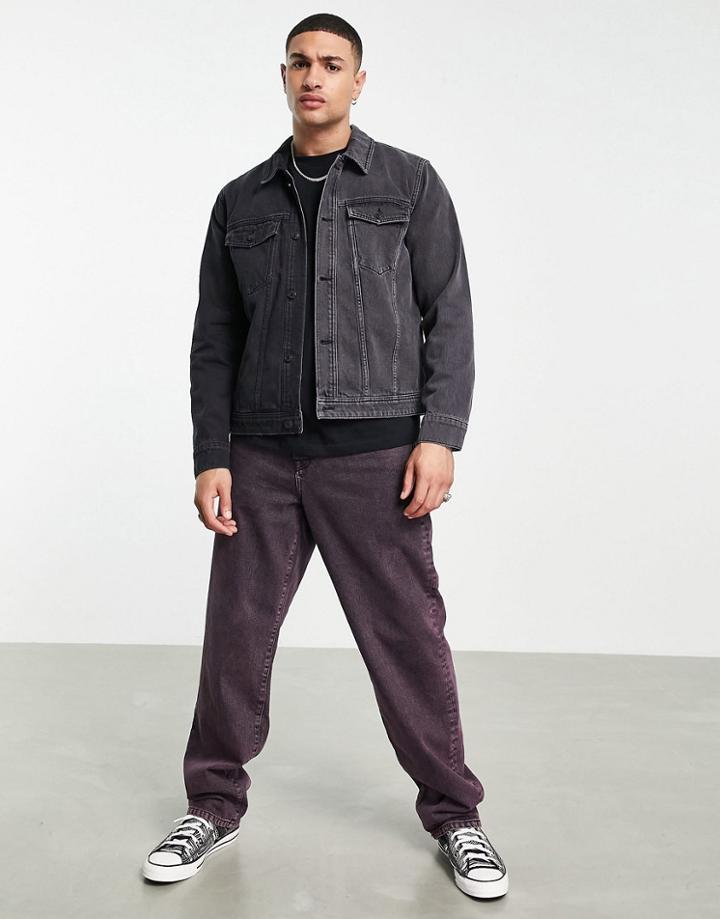 Topman Denim Jacket In Spliced Gray And Washed Black-grey