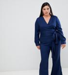 Unique 21 Hero Tie Front Long Sleeve Jumpsuit - Navy
