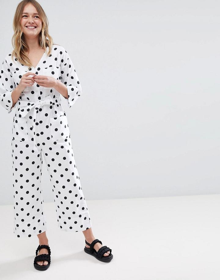 Monki Polka Dot Tie Waist Jumpsuit - Multi