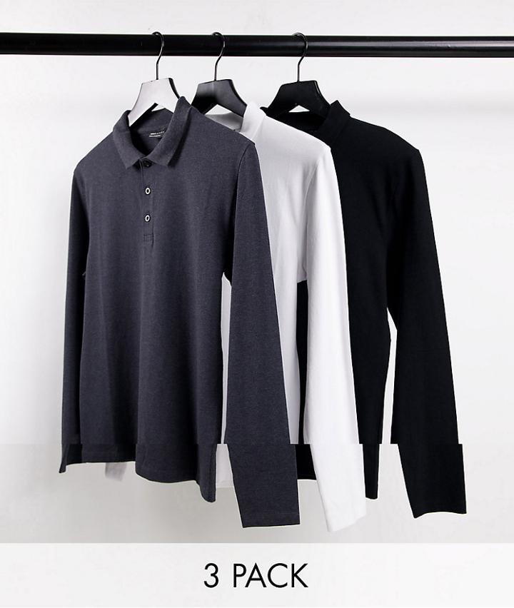 Asos Design 3 Pack Muscle Fit Long Sleeve Jersey Polo In Multi
