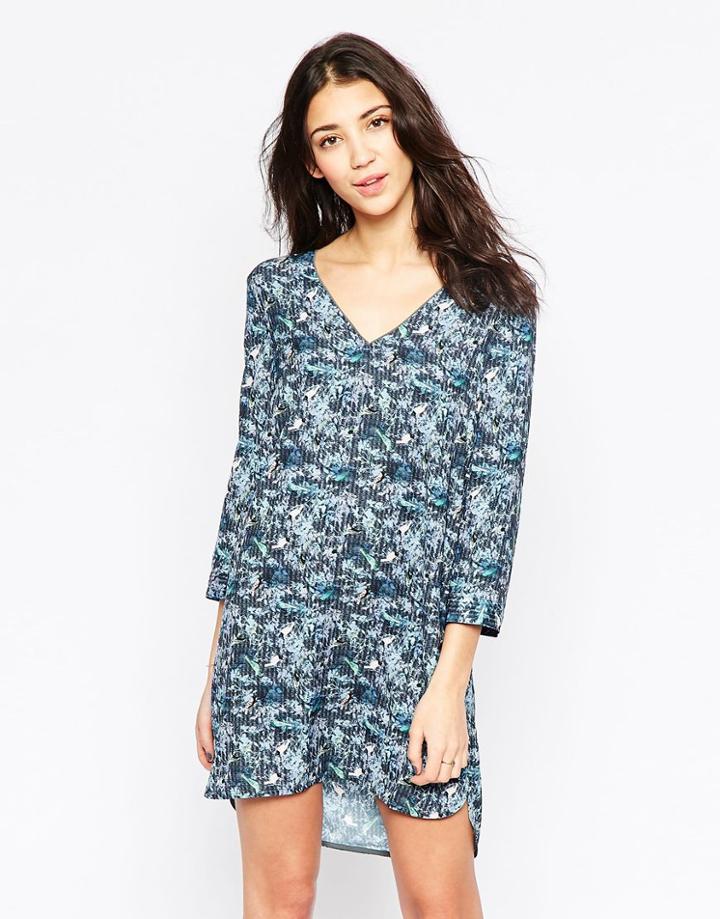 See U Soon Button Front Shift Dress In Bird Print - Blue