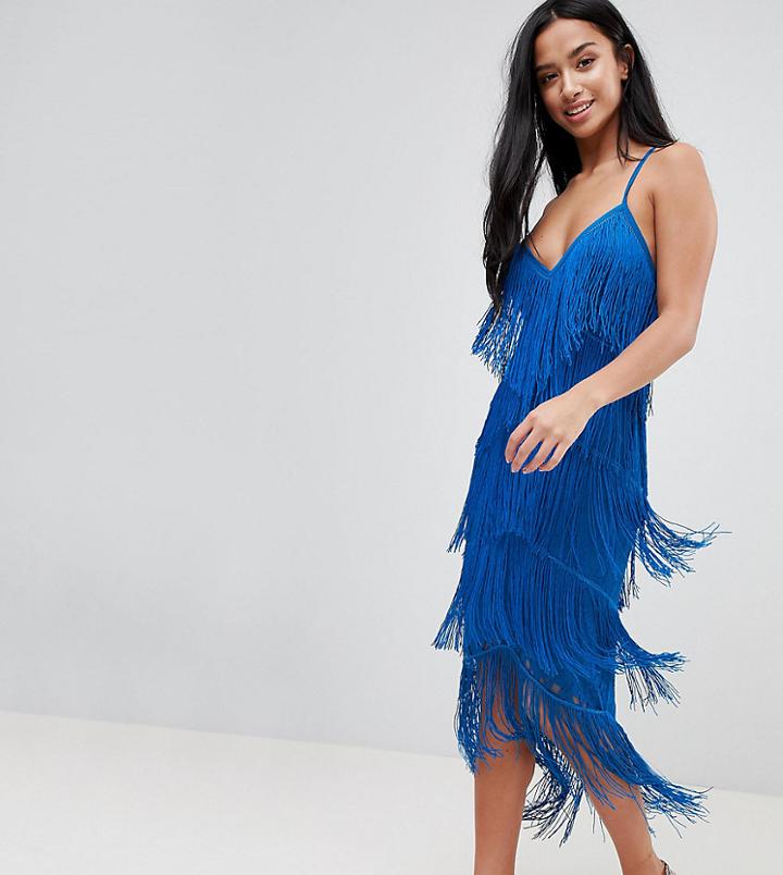 Asos Petite Fringe & Lace Plunge Bodycon Midi Dress - Black