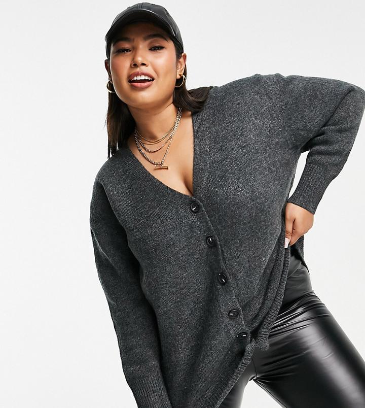 Asos Design Curve Oversized Cardigan With Button Through In Dark Gray-grey