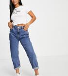 Pull & Bear Petite Elastic Waist Mom Jeans In Blue-blues