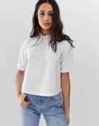 Asos Design Broderie Top With High Neck-white
