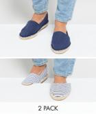 Asos Canvas Espadrilles In Navy And Blue Stripe 2 Pack Save - Navy