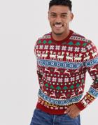 Asos Design Christmas Sweater In Llama Design - Red
