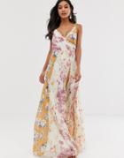Asos Design Maxi Dress In Mixed Floral Prints With Cross Over Neck And Lace Trims-multi