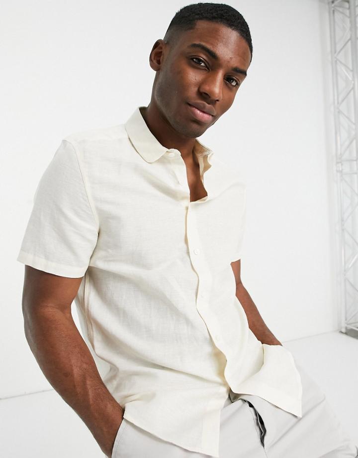 Asos Design Regular Fit Smart Linen Shirt With Penny Collar In Ecru-neutral