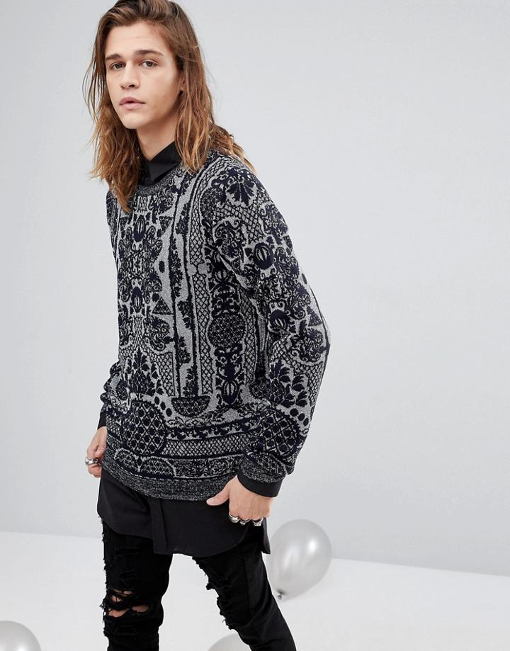 Asos Knitted Lurex Sweater In Navy & Silver - Navy