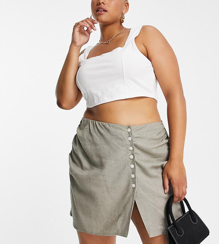 Asos Design Curve Wrap Linen Mini Skirt With Buttons In Natural Fleck In Khaki-green