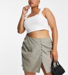 Asos Design Curve Wrap Linen Mini Skirt With Buttons In Natural Fleck In Khaki-green