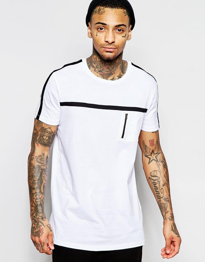 Asos Longline T-shirt With Zip Pocket - White