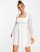 Love Triangle Mini Dress With Flared Sleeves And Square Neck In Ivory Lace-white