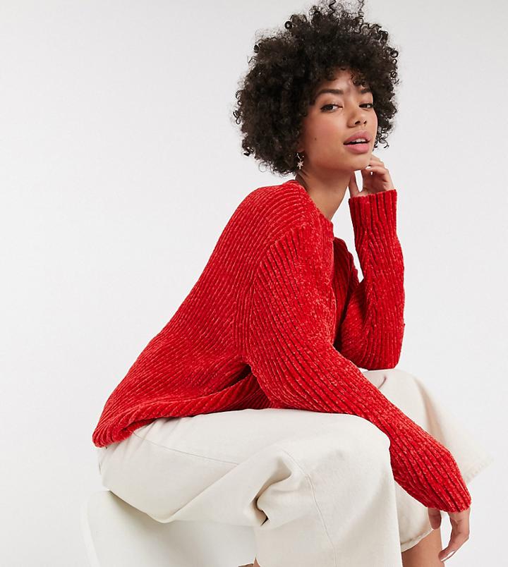 Monki Chenille Crew Neck Sweater In Red-gray