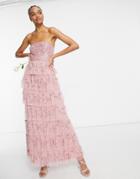 Maya Bandeau All Over Embellished Tiered Maxi Dress In Rose Pink