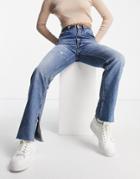 Stradivarius Straight Leg Jean With Split Hem In Vintage Wash-blues