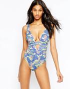 Asos Fuller Bust Tropic Floral Print Deep Plunge Swimsuit Dd-g - Multi