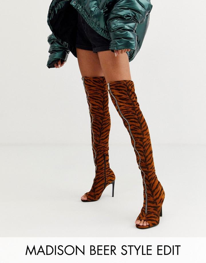 Asos Design Kyoko Peep Toe Thigh High Boots In Tiger-navy