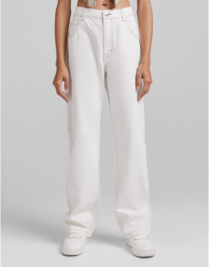 Bershka Contrast Seam Wide Leg Cargo Pants In Camel-neutral
