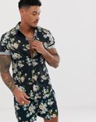 Asos Design Two-piece Slim Fit Shirt With Floral Print In Black - Black