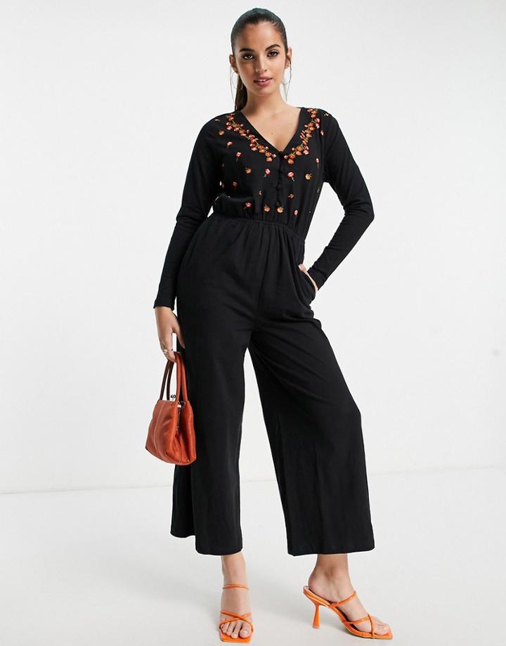 Asos Design Button Front Embroidered Tea Jumpsuit In Black-multi