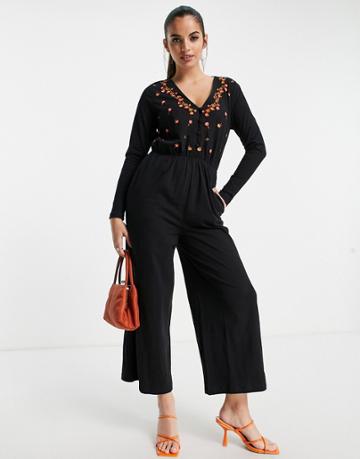 Asos Design Button Front Embroidered Tea Jumpsuit In Black-multi