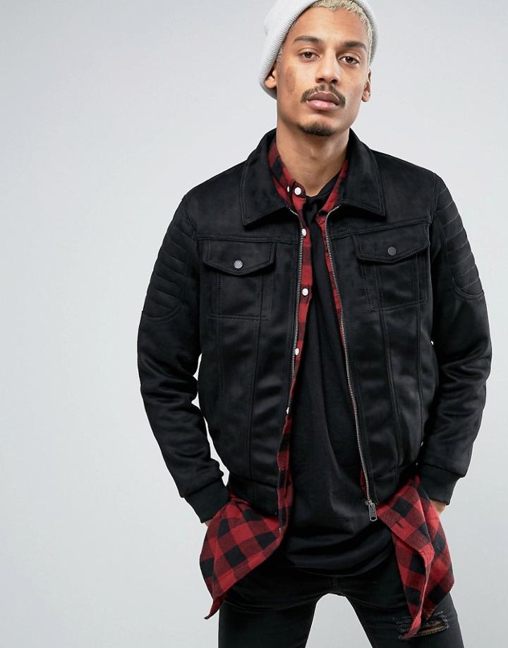 Criminal Damage Suedette Biker Detail Jacket In Black - Black