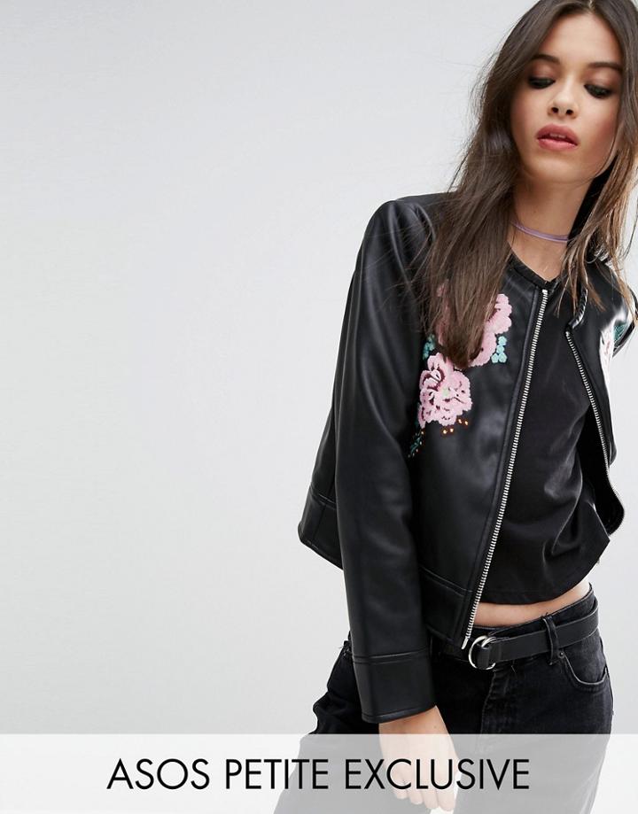 Asos Petite Leather Look Jacket With Embroidery Detail - Black