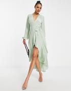 Flounce London Long Sleeve Wrap Maxi Dress In Sage-green