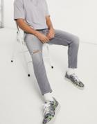 River Island Tapered Jeans With Rips In Gray-grey