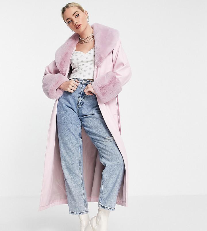 Reclaimed Vintage Inspired Longline Leather Look Trench With Detachable Faux Fur Collar In Pink