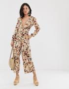 Glamorous Wide Leg Jumpsuit With Tie Front In Fall Floral-multi