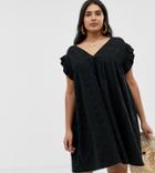 Asos Design Curve Reversible Frill Sleeve Broderie Smock Dress-black