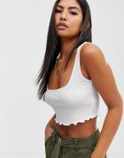 Asos Design Crop Cami With Square Neck And Lettuce Hem In White - White