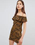 Daisy Street Off Shoulder Frill Dress In Leopard Print - Green