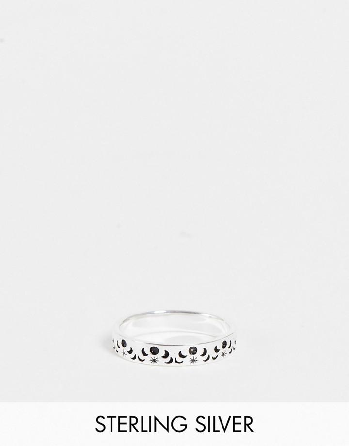 Asos Design Sterling Silver Band Ring With Stars And Moon Emboss In Silver
