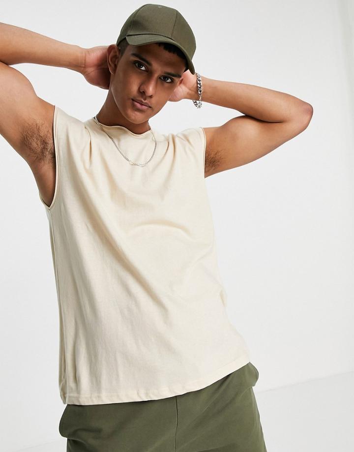 Brave Soul Raw Edge Sleeveless T-shirt Tank In Sand-neutral