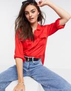Asos Design Long Sleeve Soft Shirt With Utility Pocket In Red