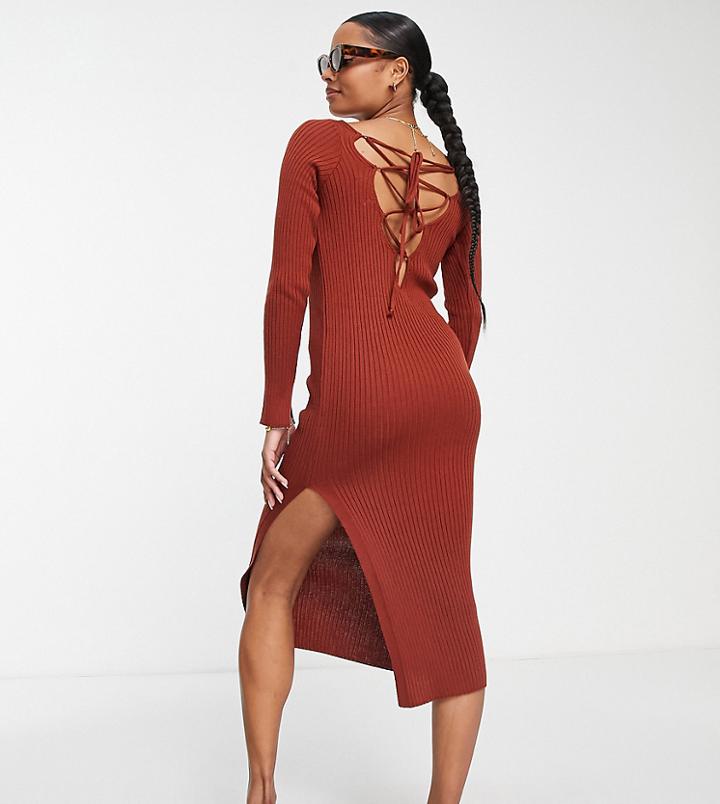 Asos Design Petite Maxi Dress With Lace Up Back Detail In Brown