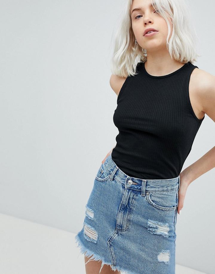 Pull & Bear Ribbed Tank Top In Black - Black