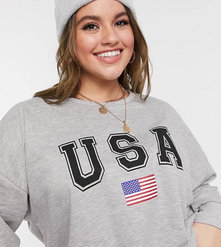 Asos Design Curve Sweatshirt With Usa Print In Gray Marl-grey