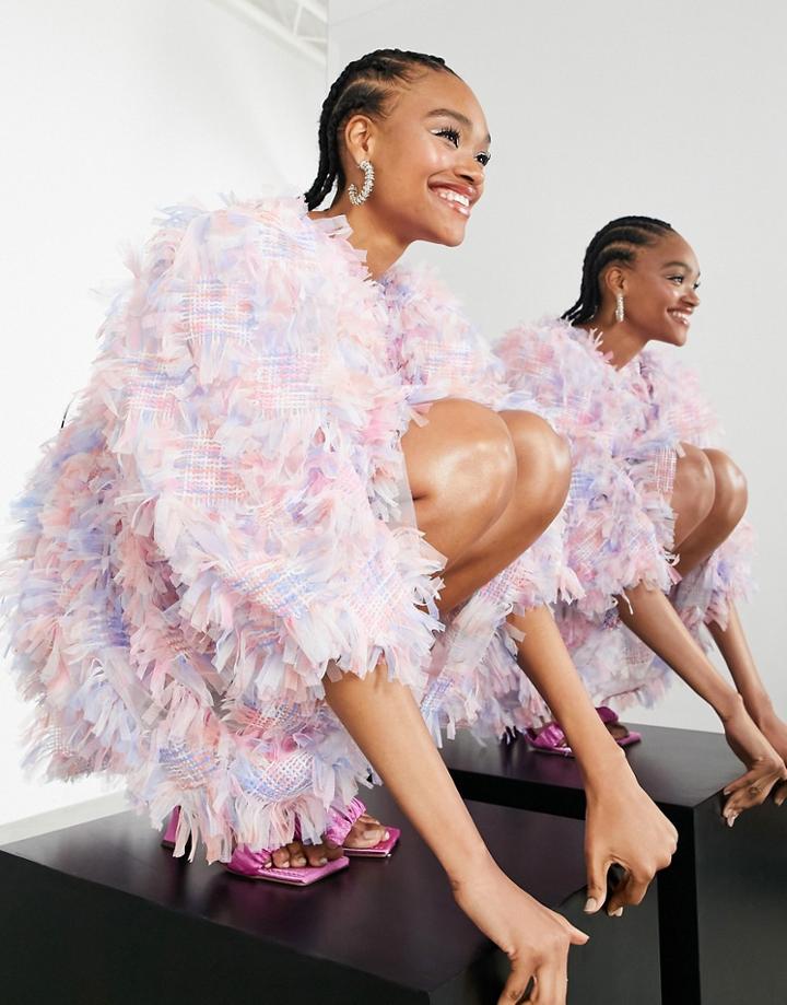 Asos Edition Mini Smock Dress In Textured Mesh In Pink-multi